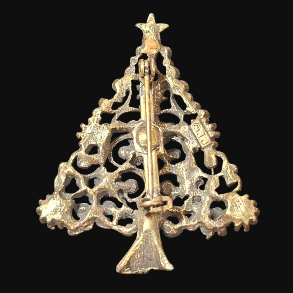 Vtg Signed JJ Gold Tone Christmas Tree Brooch Pin Multi Color Rhinestones MCM - Picture 2 of 8